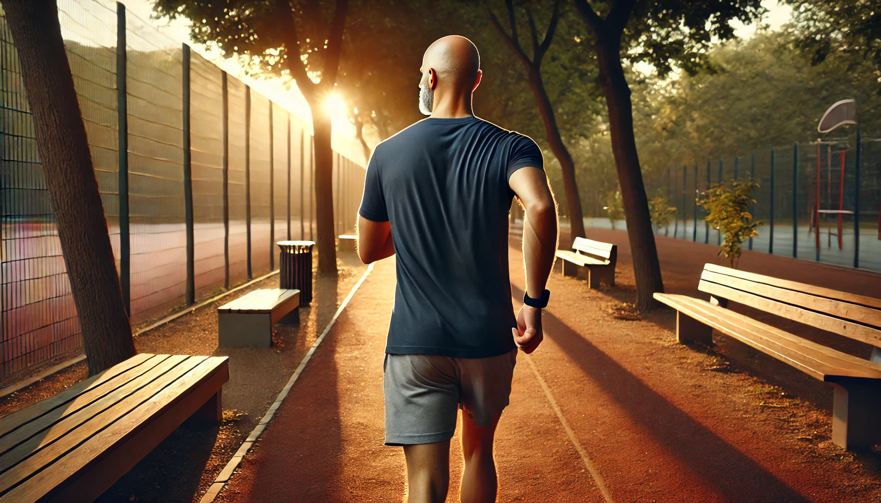 DALL·E 2025 10 15 11.09.36 A realistic photo of a mature bald man with no beard and no cap jogging away from the camera seen from behind in a peaceful tree lined urban park
