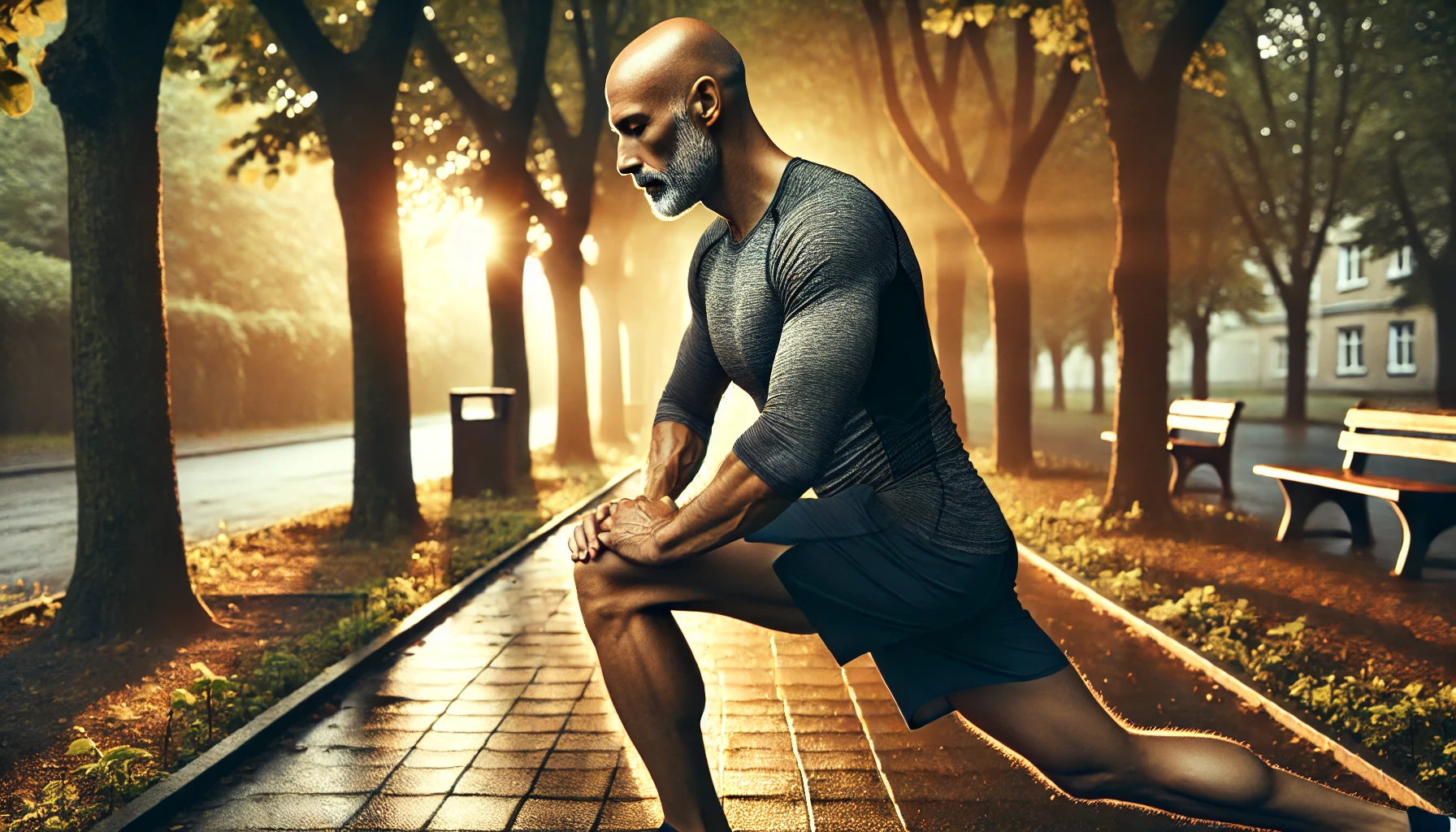 DALL·E 2025 10 15 13.15.20 Realistic photograph of a mature man around 60 years old bald and clean shaven training alone in a tree lined urban park at dawn. He is in a pose of