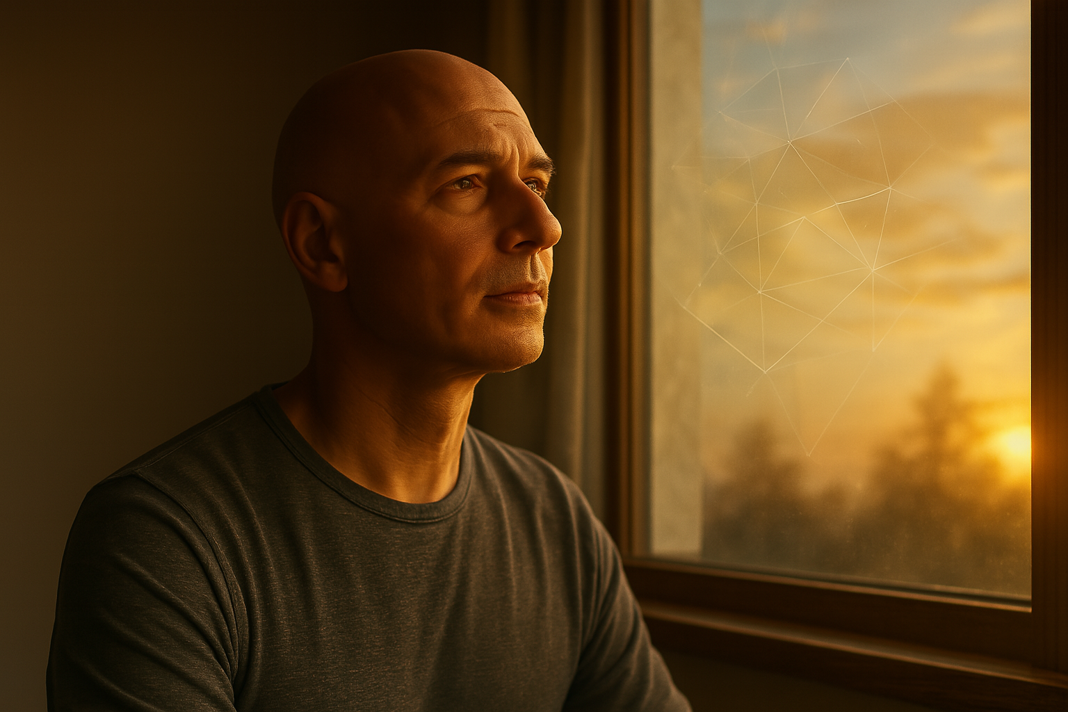 Homem maduro refletindo diante da janela ao nascer do sol, simbolizando mente criativa, aprendizado acelerado e consciência plena
