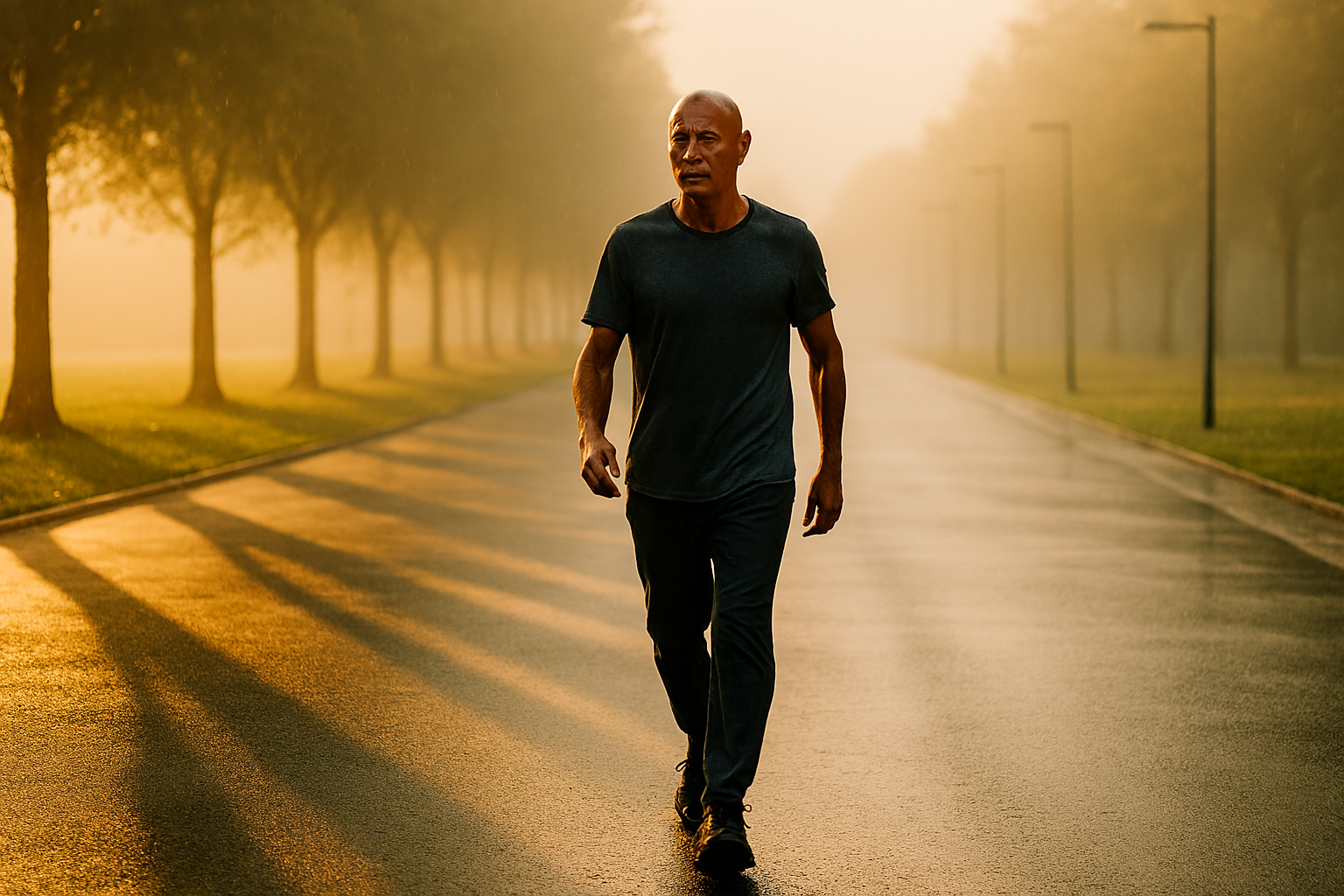 Ritmo hipnotico homem retomando o controle da rotina ao amanhecer no parque